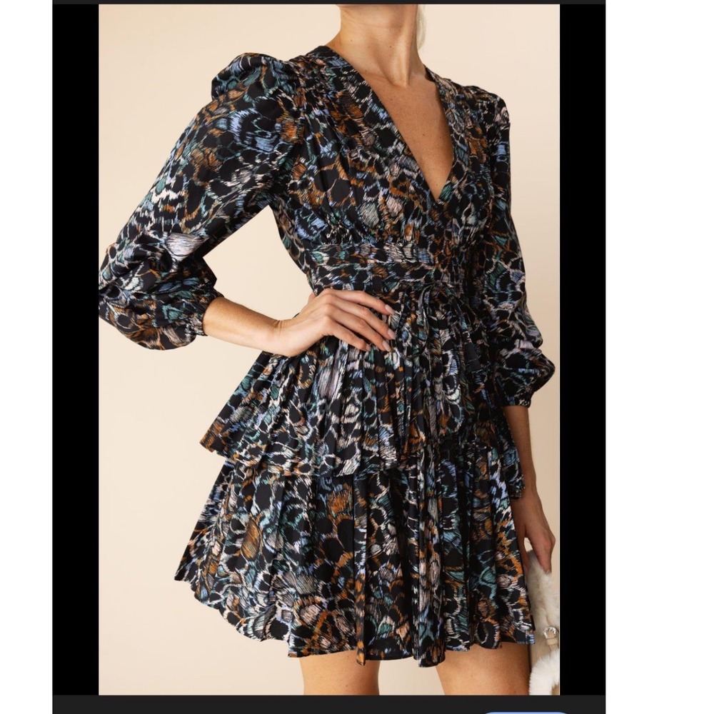 Ulla Johnson Cotton Ikat Print Tiered Mini Dress V-Neck Puff Sleeve Black Blue 6